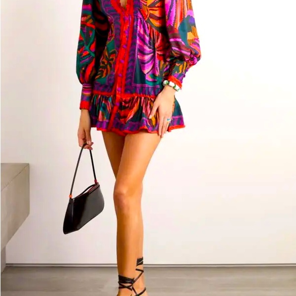 FARM RIO 
Embellished Printed Crepe Mini Dress - Orange, Purple, Green - Size XL